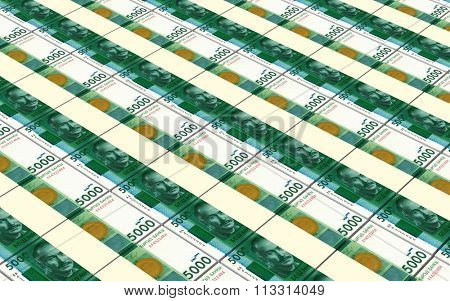 Kyrgyzstani som bills stacks background. Computer generated 3D photo rendering.