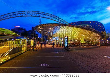 ROTTERDAM, NETHERLANDS - SEPTEMBER 03, 2015: railway station Rotterdam Blaak at night. The modern station is a combined railway and metro station. The railway is situated under the metro.