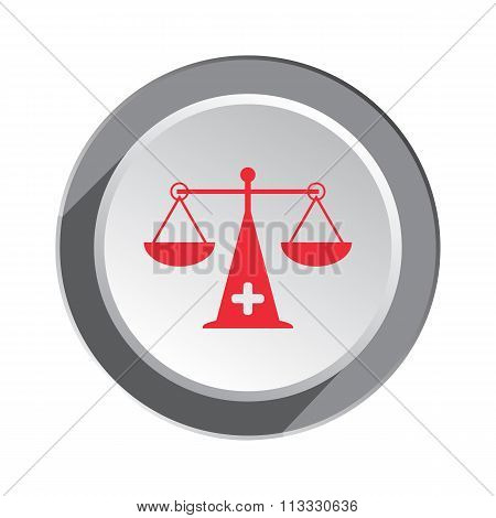 Scales, weigher icon. Medical instrument, weight, balance symbol. Red sign on white-gray button with