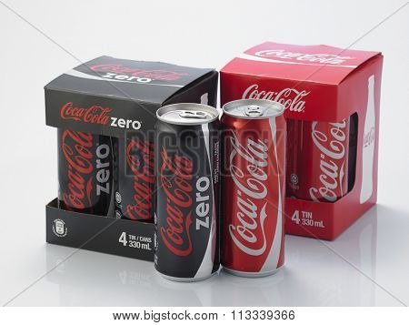 Kuala Lumpur Malaysia December 28, 2015,new slim and tall design of cocacola zero and cocala original can 