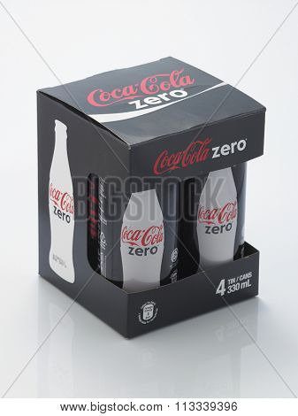 Kuala Lumpur Malaysia December 28, 2015,new slim and tall design of cocacola zero cans in a box