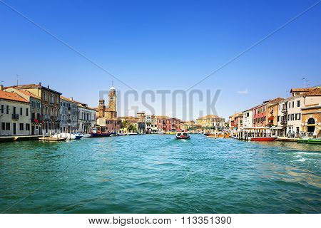 Murano Glass Making Island, Water Canal And Buildings. Venice, Italy, Europe.