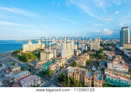 Aerial view of the city of Havana including the Vedado neighborhood and several tourist attractions