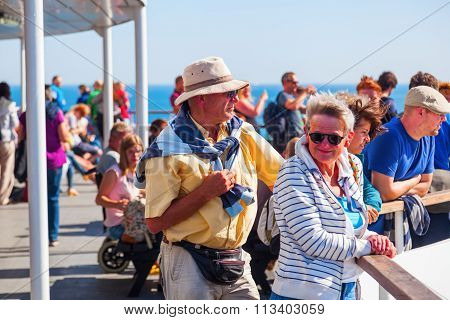 DOVER, ENGLAND - JULY 10, 2015: on a DFDS ferry from Dover to Dunkerque with unidentified people. DFDS is Northern Europes largest shipping and logistics company. It was founded in 1866