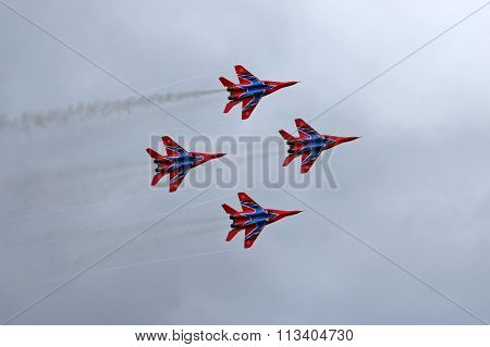 Barnaul, Russia - August 16, 2015: Aerobatic Team Russian Knights At Worldwide Airshow In Barnaul, R