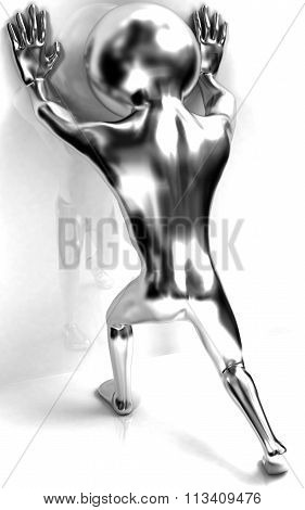 Silver man pushing wall isolated on white