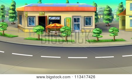 Bus stop and parking beside the road. Back view