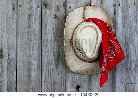 Cowboy hat hanging on wood door