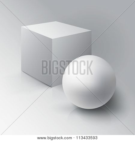 Realistic 3D White Ball And White Cube. Ball And Cube On White Background With Reflection. Design Te