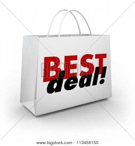 Best Deal words on a white store shopping bag having a big sale with discount low prices