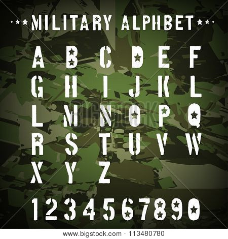 Military stencil alphabet on a camouflage background, vector illustration