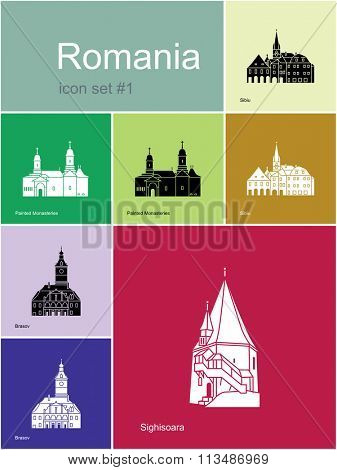 Landmarks of Romania. Set of color icons in Metro style. Raster illustration.