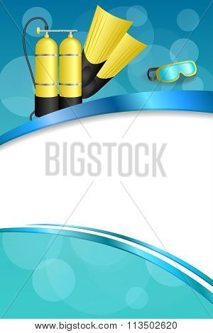 Background abstract blue diving sport yellow aqualung flippers mask frame vertical ribbon