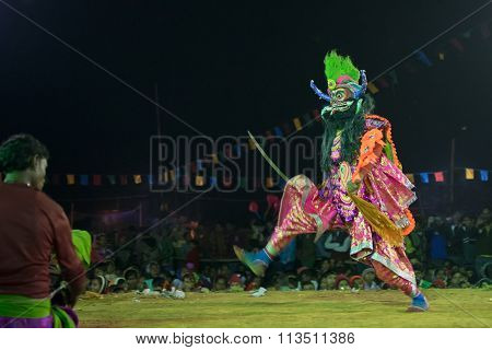 Chhau Dance, Indian Tribal Martial Dance At Night In Village