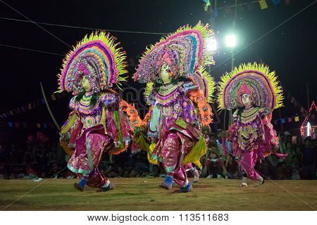 Chhau Dance, Indian Tribal Martial Dance At Night In Village