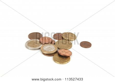 Banknots and cent euro on a white background