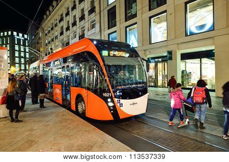GENEVA, SWITZERLAND - NOVEMBER 18, 2015: streets of Geneva at night. Geneva is the second most populous city in Switzerland, after Zurich, and is the most populous city of Romandy