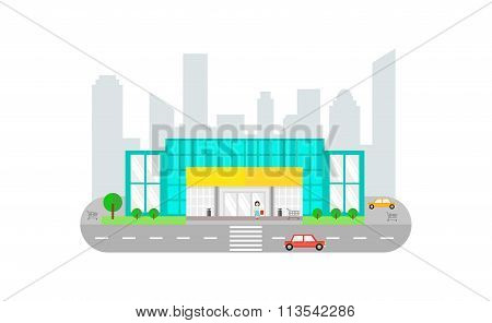 Urban Landscape with Supermarket  Building - vector flat illustration.