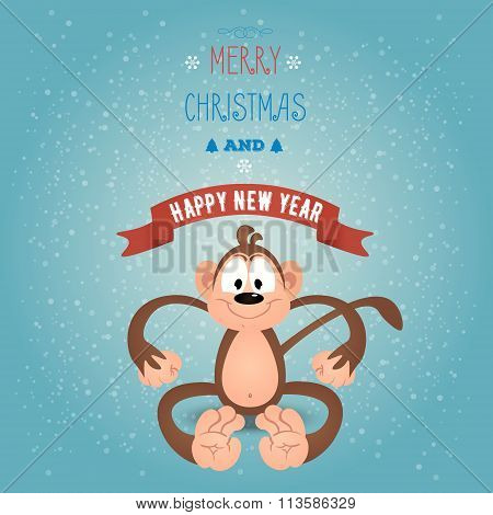 Greeting Card Merry Christmas And Happy New Year With Funny Monkey