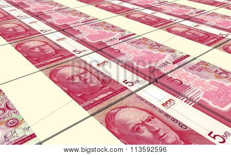 Paraguyan guarani bills stacks background. Computer generated 3D photo rendering.