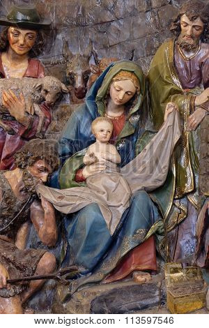 STITAR, CROATIA - NOVEMBER 24: Nativity Scene, altarpiece in the church of Saint Matthew in Stitar, Croatia on November 24, 2015