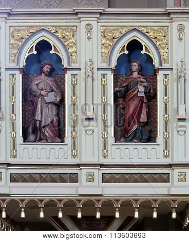 STITAR, CROATIA - AUGUST 27: St. Luke and St. John on the pulpit in the church of Saint Matthew in Stitar, Croatia on August 27, 2015