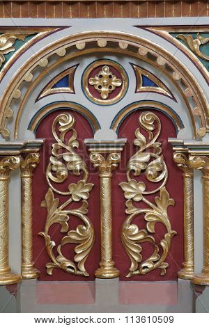 STITAR, CROATIA - AUGUST 27: Altar decoration on the altar of the Sacred Heart of Jesus in the church of Saint Matthew in Stitar, Croatia on August 27, 2015