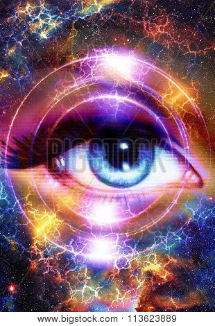 Woman Eye and cosmic space with stars and circle light.  Flah in space, abstract color background, e
