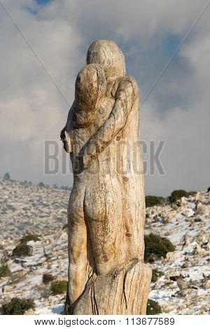 Athens, Greece 02 January 2016. The hope couple wood carving at the park of lost souls (Parko Psycho