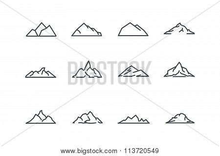 mountain icons set. Line art. Stock vector.