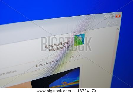 SARANSK, RUSSIA - CIRCA 2015: A computer screen shows details of Saudi Aramco main page on its web site.