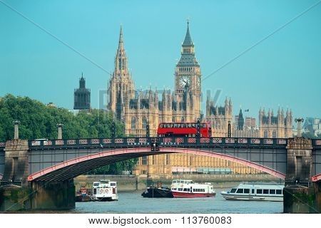 Big Ben, House of Parliament and Lambeth Bridge with red bus in London.