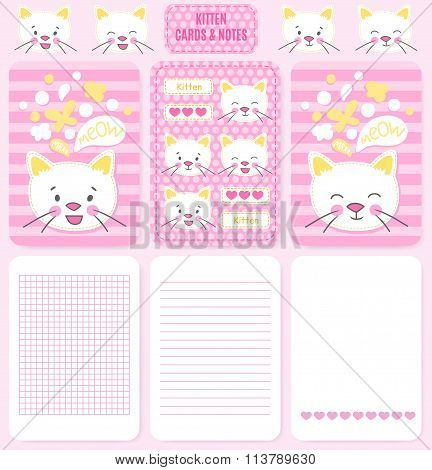 White kitten cards vector illustrations.