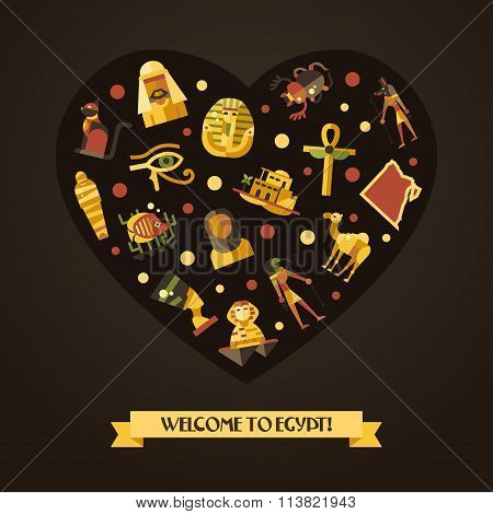 Flat design Egypt travel flyer with famous Egyptian symbols icons