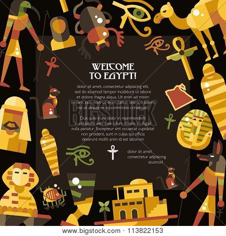 Flat design Egypt travel postcard with famous Egyptian symbols icons