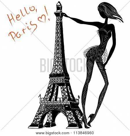 Hello, Paris. Fashion Girl Near Eiffel Tower