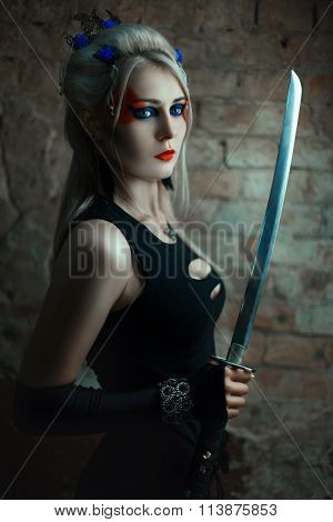 Portrait Of A Girl Warrior With Sword.