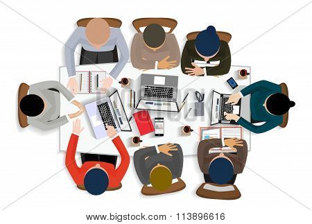 Flat design office workers business meeting in top view vector illustration