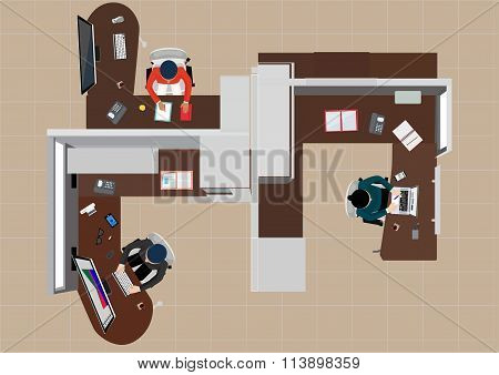workday in an office building. People in the interior of the building in different poses and situati