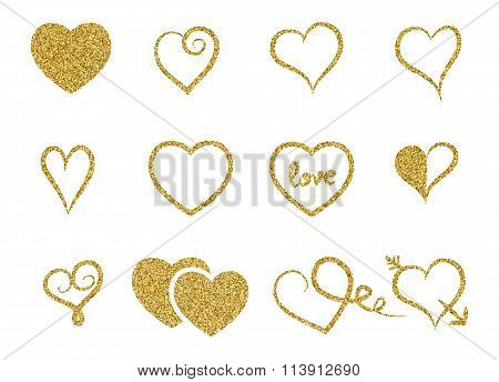 Set Of Decorative Gold Glitter Texture Isolated Hearts On White Background.