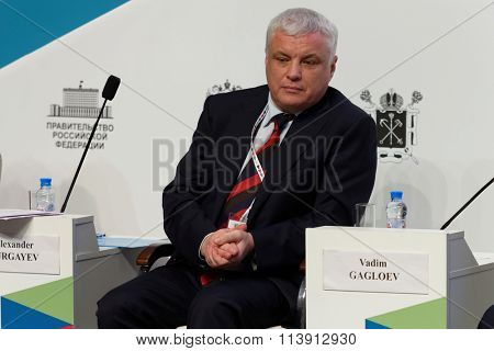 ST. PETERSBURG, RUSSIA - DECEMBER 16, 2015: Rector of Saint-Petersburg State University of Culture and Arts Alexander Turgayev during the final plenary session of 4th St. Petersburg Cultural Forum