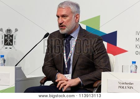 ST. PETERSBURG, RUSSIA - DECEMBER 16, 2015: General director of the Rosgostsirk company Vadim Gagloyev during the final plenary session of 4th St. Petersburg International Cultural Forum
