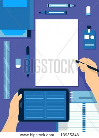 Illustration of a Hand Comparing Notes Written on a Tablet and Notes Written on Paper
