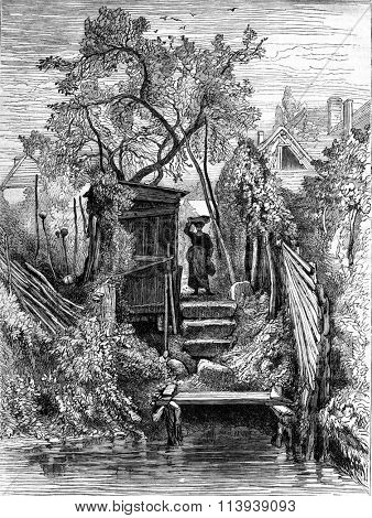 A Laundry room on the banks of the Avre, in Nonancourt, vintage engraved illustration. Magasin Pittoresque 1878.
