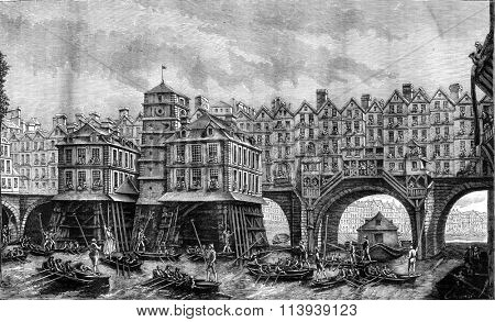 Eighteenth century, Fight boatmen on the Seine, in Paris, painting on canvas by Raguenet, vintage engraved illustration. Magasin Pittoresque 1878.