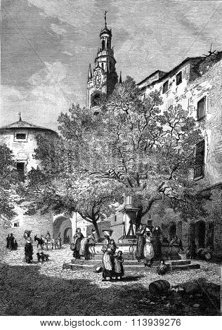 Market Square in San Remo, vintage engraved illustration. Magasin Pittoresque 1877.