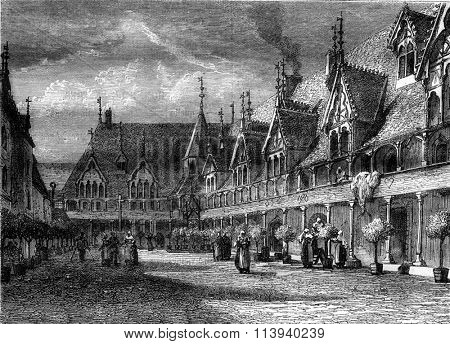Hospices de Beaune, vintage engraved illustration. Magasin Pittoresque 1876.