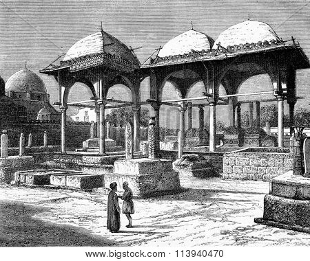 Tombs of the Mamelukes in Cairo, vintage engraved illustration. Magasin Pittoresque 1873.