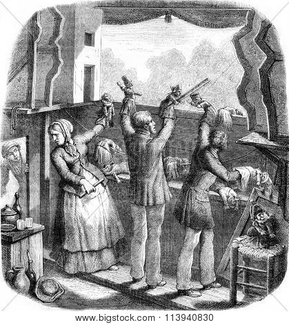 Theatre Guignol, vintage engraved illustration. Magasin Pittoresque 1870.