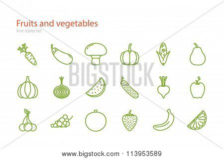 Set of line fruits and vegetables icons. Stock vector.